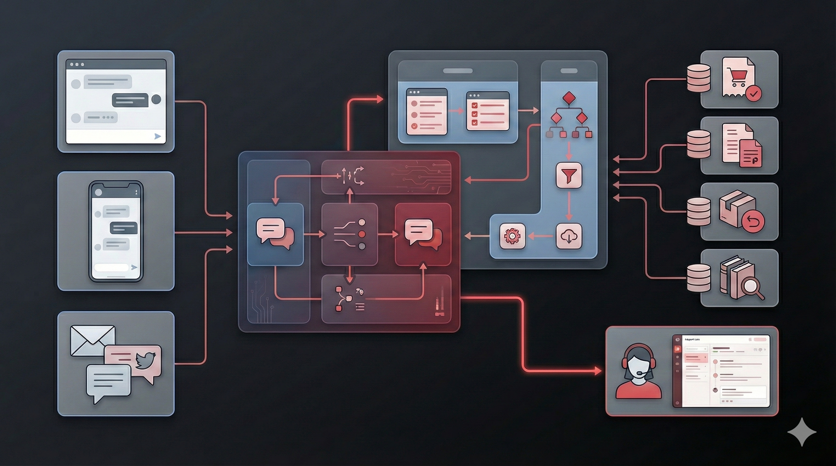 Diagram showing the AI customer support solution architecture and workflow