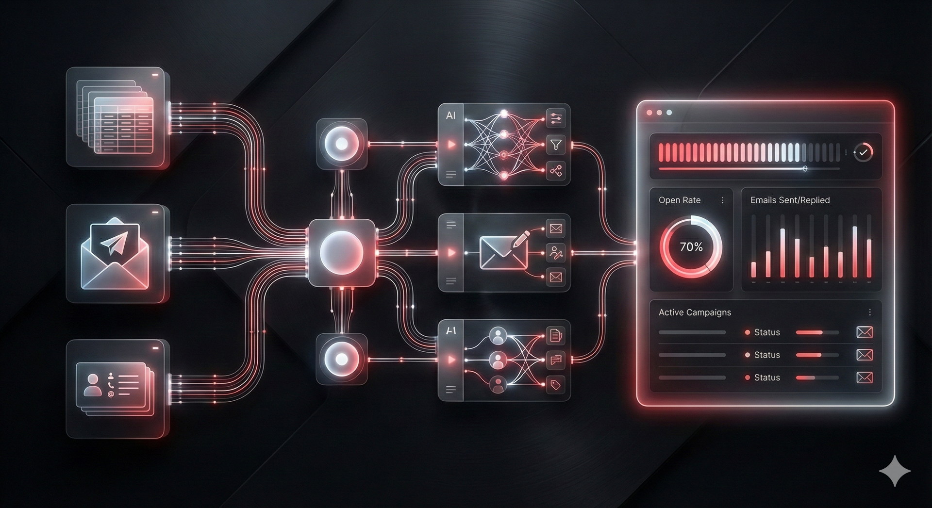 Automated email outreach system workflow diagram showing lead processing pipeline